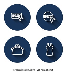 Set line Buy button, Wallet and Woman dress with long shadow. Blue circle button. Vector