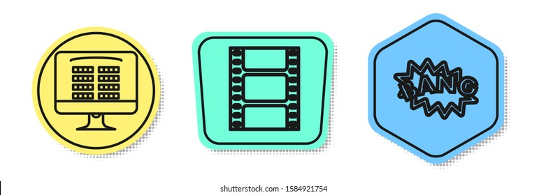 Set line Buy cinema ticket online , Play Video  and Bang boom text speech bubble balloon . Colored shapes. Vector