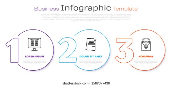 Set line Buy cinema ticket online , Scenario  and Funny and scary ghost mask. Business infographic template. Vector