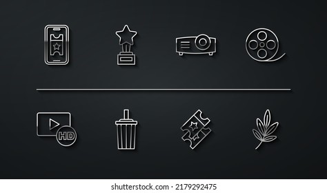 Set line Buy cinema ticket online, Hd movie, tape, frame, Film reel, Cinema, Paper glass with water, Movie trophy,  and Movie, film, media projector icon. Vector