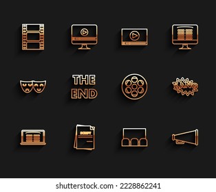 Set line Buy cinema ticket online, Scenario, Play Video, Megaphone, The End handwritten inscription, Bang boom text speech bubble balloon and Film reel icon. Vector