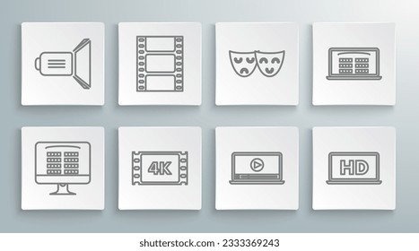 Set line Buy cinema ticket online, Play Video, 4k movie, tape, frame, Online play video, Laptop screen with HD technology, Comedy and tragedy theatrical masks,  and Movie spotlight icon. Vector