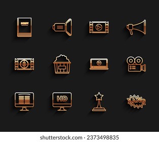 Set line Buy cinema ticket online, Scenario, Movie trophy, Bang boom text speech bubble balloon, Popcorn cardboard box, Cinema camera and Online play icon. Vector