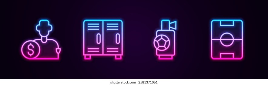 Set line Buy football player, Locker or changing room, Air horn and Football field. Glowing neon icon. Vector