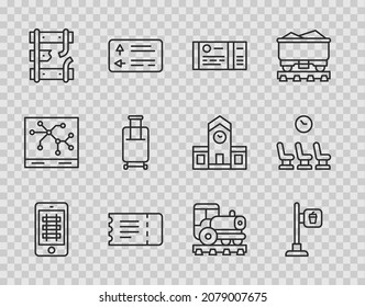 Línea Compra el billete de tren en línea, la ubicación del café y el restaurante, el tren, el tren de ferrocarril Broken, la maleta, la locomotora vintage y el icono de la sala de espera. Vector