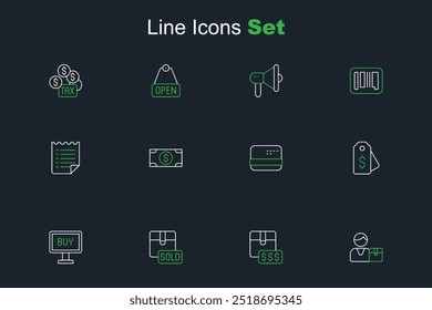 Set line Buyer, Item price tag with dollar, Sold, button, Price, Credit card, Stacks paper money cash and Wish list template icon. Vector