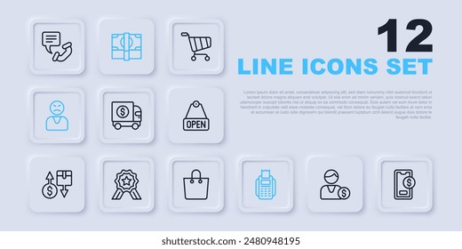 Set line Buyer, Mobile with dollar, Armored truck, POS terminal, Angry customer, Stars rating, Stacks paper money cash and Paper shopping bag icon. Vector