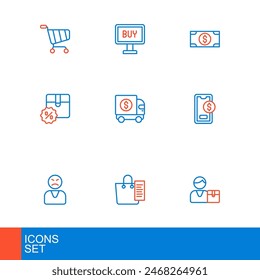 Set line Buyer, Shopping list, Angry customer, Mobile with dollar, Cardboard box discount, Armored truck, Stacks paper money cash and button icon. Vector