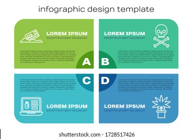 Set Line Buying Drugs Online On Laptop, Cocaine And Credit Card, Marijuana Or Cannabis Plant In Pot And Skull On Crossbones. Business Infographic Template. Vector