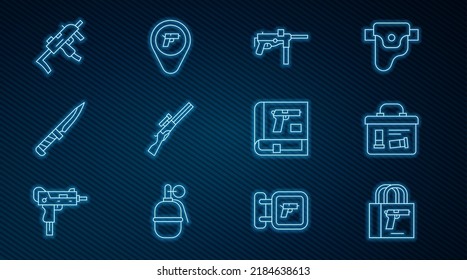 Set Line Buying Gun Pistol, Military Ammunition Box, Submachine M3, Hunting, Knife, MP9I Submachine, Book With Or And Location Weapon Icon. Vector