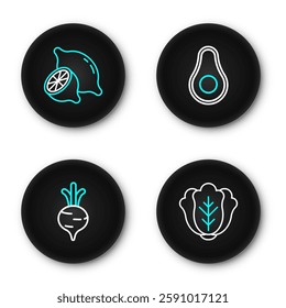 Set line Cabbage, Beet, Avocado fruit and Lemon icon. Vector