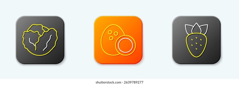 Set line Cabbage, Coconut and Strawberry icon. Vector
