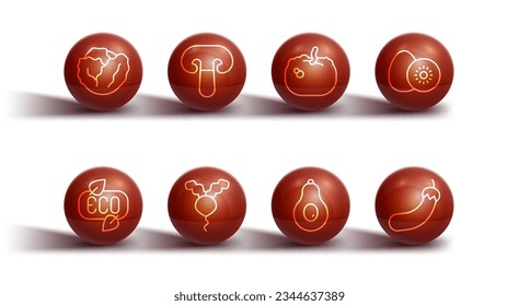 Set line Cabbage, Leaf Eco symbol, Kiwi fruit, Avocado, Radish, Mushroom, Eggplant and Pumpkin icon. Vector