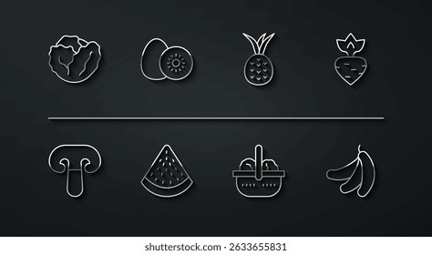 Set line Cabbage, Mushroom, Turnip, Basket and food, Watermelon, Kiwi fruit, Banana and Pineapple icon. Vector