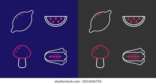 Set line Cabbage, Mushroom, Watermelon and Lemon icon. Vector
