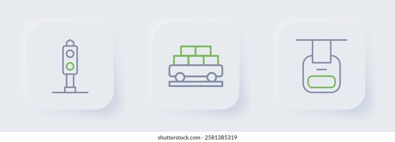 Set line Cable car, Cargo train wagon and Train traffic light icon. Vector