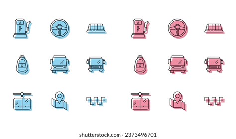 Fijar la línea Cable car, Mapa plegado con marcador de ubicación, Estación de carga eléctrica, Taxi techo, Autobús, control remoto de llave e icono de la rueda de dirección. Vector
