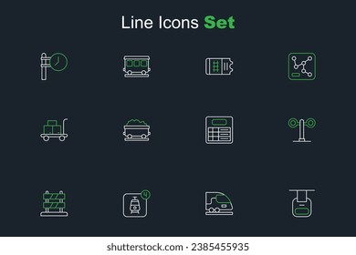 Set line Cable car, High-speed train, Online ticket booking, End of railway tracks, Train traffic light, station board, Coal wagon and Trolley suitcase icon. Vector