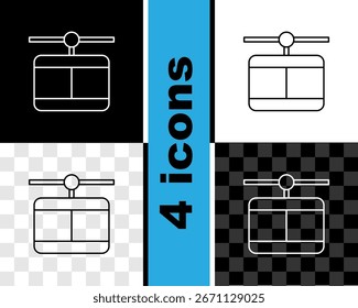 Set line Cable car icon isolated on black and white, transparent background. Funicular sign.  Vector