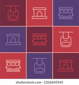 Fijar la línea del teleférico, los vagones de tren de pasajeros y el icono del túnel ferroviario. Vector