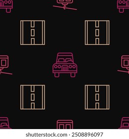 Set line Cable car, Road and Car on seamless pattern. Vector