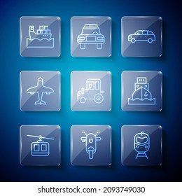 Set line Cable car, Scooter, Train and railway, Hatchback, Tractor, Plane, Cargo ship with boxes and  icon. Vector