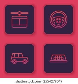 Set line Cable car, Car, Steering wheel and Taxi roof. Blue square button. Vector