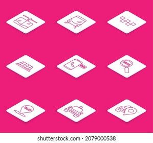 Set line Cable car, Tram and railway, Taxi roof, call telephone service, Magnifying glass taxi, Map pointer with and  icon. Vector