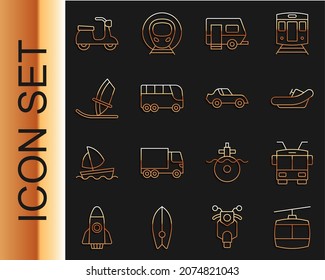 Set line Cable car, Trolleybus, Rafting boat, Rv Camping trailer, Bus, Windsurfing, Scooter and Car icon. Vector