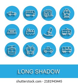 Set line Cable car, Trolleybus, Car, Pickup truck, Bus, Oil tanker ship,  and Windsurfing icon. Vector