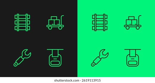 Set line Cable car, Wrench spanner, Railway, railroad track and Trolley suitcase icon. Vector