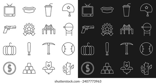 Set line Cactus, Baseball ball, Barbecue grill, Paper glass with straw, Medal star, Pistol or gun, Retro tv and Golden gate bridge icon. Vector