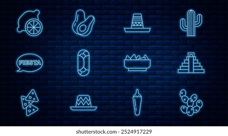 Set line Cactus, Chichén Itzá en mayas, sombrero mexicano, Burrito, Fiesta, Limón, tazón de Nachos y aguacate icono de la fruta. Vector