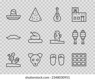 Set line Cactus, Chocolate bar, Mexican guitar, Dog, sombrero, Snake, Flip flops and Maracas icon. Vector