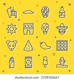 Set line Cactus, Chocolate bar, Mexican man sombrero, wrestler, Huehuetl, Sun, Pinata and Skull icon. Vector