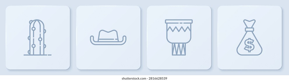 Set line Cactus, Drum, Western cowboy hat and Money bag. White square button. Vector