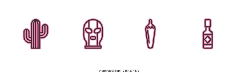 Set line Cactus, Hot chili pepper pod, Mexican wrestler and Tabasco sauce icon. Vector