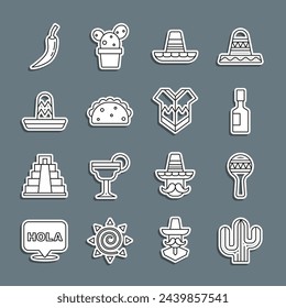 Set line Cactus, Maracas, Tabasco sauce, Mexican sombrero, Taco with tortilla, Hot chili pepper pod and Poncho icon. Vector