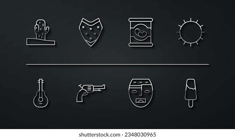 Set line Cactus, Mexican guitar, Sun, Aztec mask, Revolver gun, Poncho, Popsicle ice cream and Beans in icon. Vector
