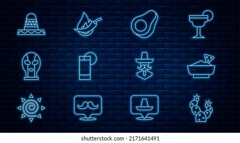 Set line Cactus, Nachos in bowl, Avocado fruit, Tequila glass with lemon, Mexican wrestler, sombrero, man and Hot chili pepper pod icon. Vector