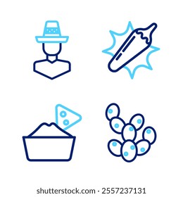 Set line Cactus, Nachos in bowl, Hot chili pepper pod and Mexican man sombrero icon. Vector