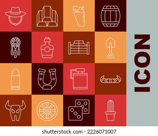 Set line Cactus peyote in pot, Kayak or canoe and paddle, Shovel, Revolver gun holster, Tequila bottle, Dream catcher with feathers, Western cowboy hat and Saloon door icon. Vector