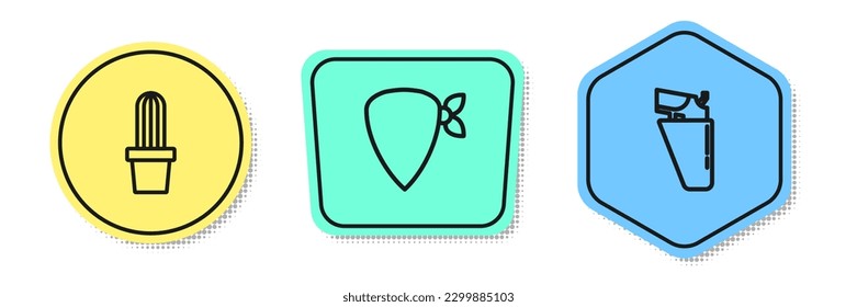 Set line Cactus peyote in pot, Cowboy bandana and Revolver gun holster. Colored shapes. Vector