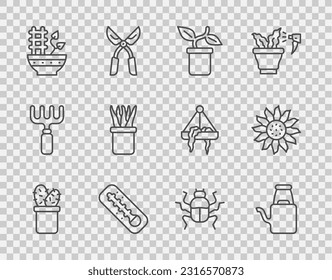 Set line Cactus peyote in pot, Watering can, Plant, Meteorology thermometer, Beetle bug and Flower icon. Vector