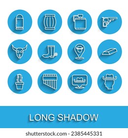 Set line Cactus peyote in pot, Pan flute, Bullet, Location cowboy, Cowboy, boot, Gold bars and  icon. Vector