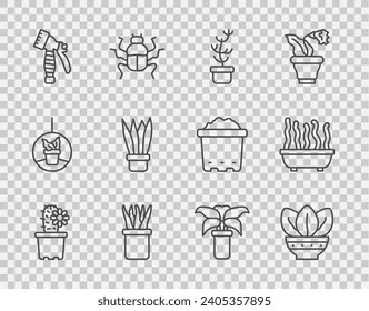 Set line Cactus peyote in pot, Plant, Exotic tropical plant, Water spray bottle,  and  icon. Vector