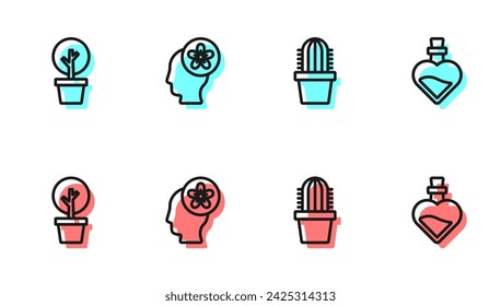 Set line Cactus peyote in pot, Forest, Human head with flower inside and Bottle love potion icon. Vector