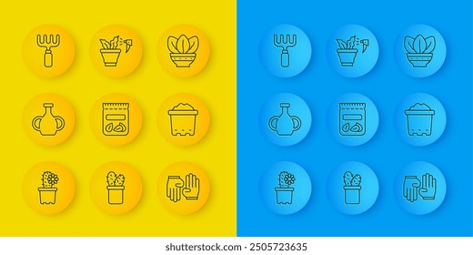 Set line Cactus peyote in pot, Vase, Pack full of seeds of plant, Rubber gloves, Pot with soil, Garden rake, Plant and Spraying icon. Vector