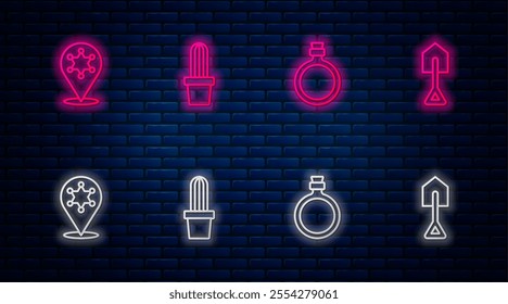 Set line Cactus peyote in pot, Canteen water bottle, Hexagram sheriff and Shovel. Glowing neon icon on brick wall. Vector