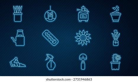 Set line Cactus peyote en maceta, botella de vidrio de flor, pulverizador de jardín para fertilizante, termómetro de meteorología, regadera, planta e icono colgante. Vector